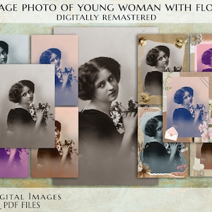 Vintage Photo Scrapbook Images - Charming Floral-Adorned Woman, Junk Journal Photography, Digital Download, A4 size, JPEG and PDF formats
