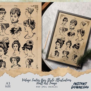 Vintage Damenfrisuren Illustrationen | Druckbare Wandkunst | Antike viktorianische & edwardianische Frisuren | Sofort Download