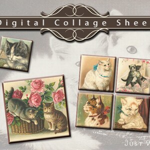 Feuille numérique de collage carrée de 1,25 x 1,25 po. - Conception d'images de chat vintage