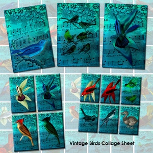 Singing Birds - Vintage Birds On Old Music Sheet Digital Collage Sheet - 1&quot; x 1.5&quot; Rectangle -  Instant Download