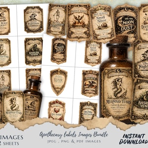 Könnte beinhalten: Eine Sammlung von Vintage-Apothekenetiketten mit Namen wie "Meerjungfrauentränen" und "Basilisken-Gift". Die Etiketten sind in Sepia gehalten und weisen verzierte Ränder und Illustrationen auf. In der Mitte befindet sich eine große braune Flasche mit einem Korken. Das Wort "Sofort-Download" ist sichtbar.