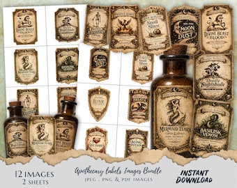 May include: A set of vintage apothecary labels, featuring names such as "Mermaid Tears" and "Basilisk Venom." The labels have a sepia tone, ornate borders, and illustrations. A large brown bottle with a cork stopper is in the center. The words "Instant Download" are visible.