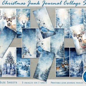 Vintage Blue Christmas Junk Journal, Christmas Tree, Reindeer, Bird Printable Collage Sheet, Digital Scrapbook Paper, Watercolor Christmas