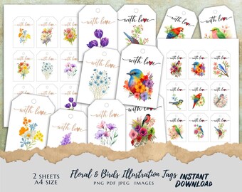 Floral & Birds Design and With Love Text Gift Tags , Printable Digital Download , A4 Size, 2 Sheets, jpeg pdf and png files