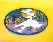 Vintage Heavy Cast Iron Painted Goose Duck Trivet Pan , Teapot Stand, Kitchenalia