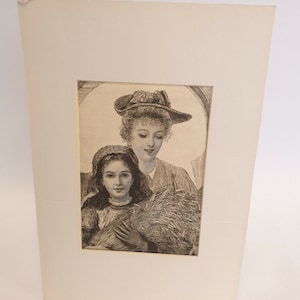 Vintage Framed Book Plate Print, Young Woman & A Young Girl