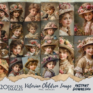 Pacchetto fotografico con ritratto di bambini del periodo vittoriano, 20 libri effimeri per diario spazzatura vintage DIGITALE STAMPABILE, materiale per album del periodo vittoriano, pacchetto di articoli effimeri vintage