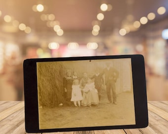 Vintage Old Cabinet Card Photo, Family Portrait, Man & Woman with Children Outside A Barn, Sepia Colour