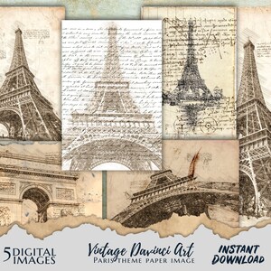 Images de style vintage Davinci Art : Paris, France, Tour Eiffel, Arc de Triomphe. image papier vintage. TÉLÉCHARGEMENT IMMÉDIAT