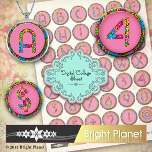 May include: Digital collage sheet with pink circles featuring letters A through Z and numbers 0 through 9. Each circle has a pink background with a white border and colorful flowers. The letters and numbers are white with a pink outline. The sheet is titled "Digital Collage Sheet" and has a copyright notice for 2014 Bright Planet.
