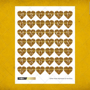 Gold Glitter Love Heart Alphabet / Letters & Numbers Digital Collage Sheet