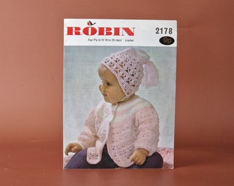 Crochet Knitting Pattern Robin 2178 baby's matinee coat and bonnet 18-20" Vintage Supplies