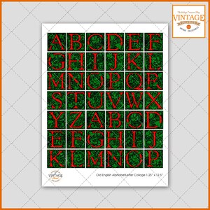 Old English Alphabet Letters Collage Sheet, Scrabble Tile Size Digital Collage, Green & Red, Instant Download