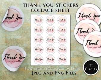 Thank you for your order stickers Digital Collage Sheet - 2" circle - feminine water colour design,  Instant Download