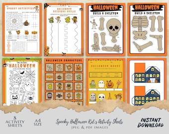 Halloween Activity Pages , Spooky Kids’ Colouring and Activities Sheet  Bundle Printable Games & Crafts