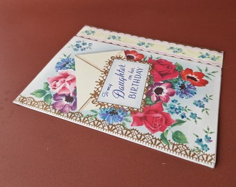 Floral Flower design Daughter on her birthday card with hand writting inside Used vintage ephemera