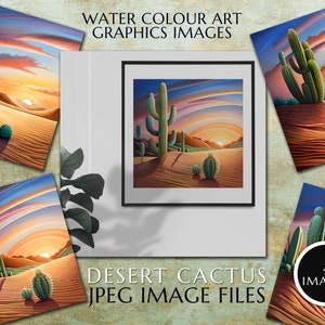 Watercolour art graphics images, A desert theme, featuring cacti, sand dunes & beautiful sunset Instant Digital Download, Quality jpeg Image