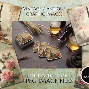 4 x Vintage Floral Paris Eiffelturm Digitale Grafiken, JPEG-Datei Bilder - Digitales Papier - Sofortiger Download Ausdrucke