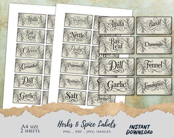 Etiquetas imprimibles para hierbas y especias / Pegatinas vintage para tarros de cocina botánicos / Descarga instantánea