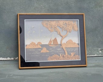 Vintage Carved Cork Diorama Seascape Ship 3D Shadow Box Landscape Wall Hanging