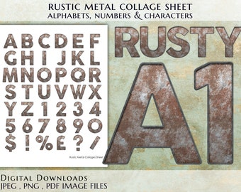 Rustic Metal English Alphabet Numbers and Characters Digital Collage Sheet, 1.25" x 1.25" 48 images on 1 sheet Plus individual images in PDF