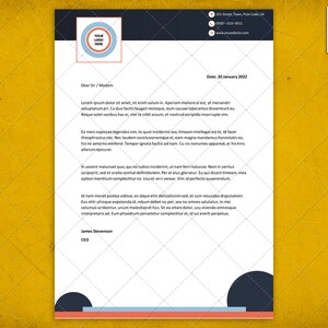 Plantilla de membrete profesional, tema de color azul y naranja, tamaño A4, formato Microsoft Word/PDF fácil de editar, descarga instantánea