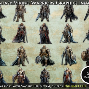 May include: A collection of 20 digital images featuring fantasy Viking warriors. Each warrior is depicted in detailed armor, wielding swords, and some with shields. The images are labeled "Fantasy Viking Warriors Graphics Images" and "Viking Warriors with Swords, Helmets & Shields PNG Image Files."