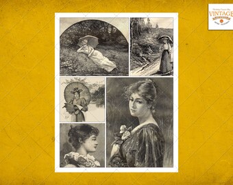 8.5 x 11 inch Digital Collage Sheet - Vintage Woman Images Illustration