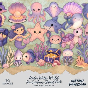 20 Under the Sea Watercolor Clipart | Ocean Sea Life PNG PDF Bundle | Cute Marine Animals, Coral Reef , Treasure Chest | Kids Nursery Art