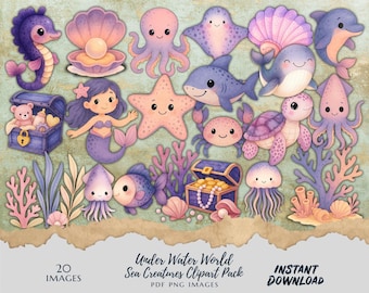 20 Under the Sea Watercolor Clipart | Ocean Sea Life PNG PDF Bundle | Cute Marine Animals, Coral Reef , Treasure Chest | Kids Nursery Art