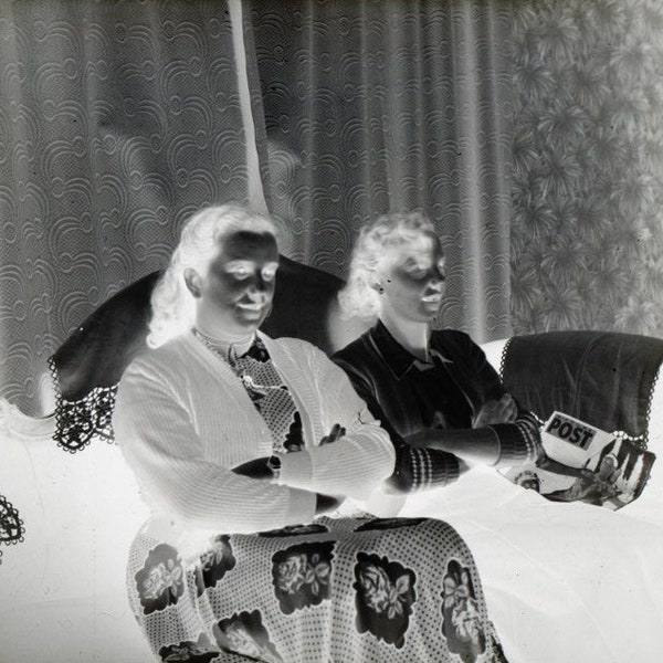 Vintage Black & White Kodak Negative - 2 Pretty Ladies Sitting On A Sofa, Uknown People, estimate circa 1950s/1960's photo negative