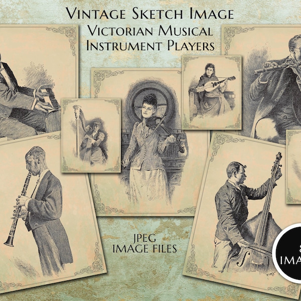 8 x Vintage Victorian Musical Instrument Players Digital Graphics JPEG Files - Digital Paper - Instant Download Printables