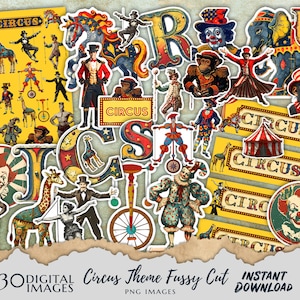 Vintage Circus Carnival Junk Journal Kit Image 30 fussy cut images clipart digital download printable scrapbook cut outs DIY Stickers Retro
