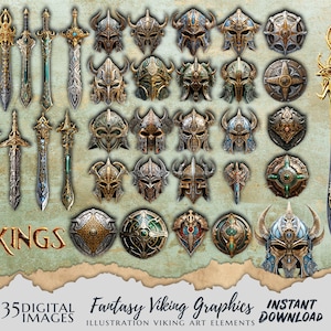 Viking Fantasy Graphics Elements, Viking Swords, Helmets & Shields,  Mythical warrior designs, 35 png image files, Instant digital download