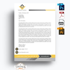 Plantilla de membrete profesional, tema amarillo y gris, tamaño A4, fácil de personalizar y editar, archivo PSD/Ai/PDF/Jpeg, descarga instantánea