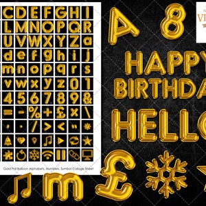 Gold Foild Balloon Alphabet,  Numbers & Symbols Collage Sheet:  English Alphabet, Letters, Gold Alphabet Letters, Gold Numbers