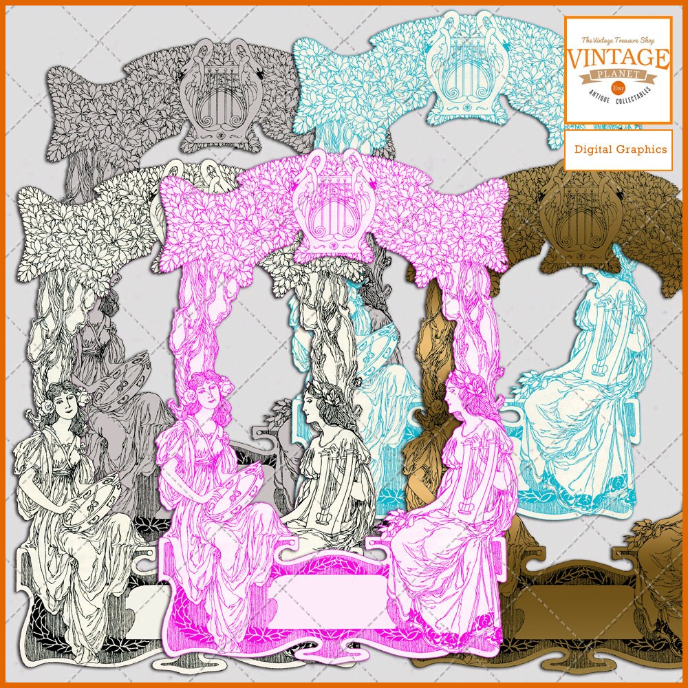 DIGITAL GRAPHICS, Vintage Art Nouveau Frames, Greek Lady