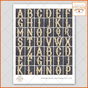 Può includere: Un foglio stampabile di lettere dell'alfabeto in stile gotico vintage. Le lettere sono di colore crema su uno sfondo grigio scuro. Le lettere misurano 1,25 pollici per 1,25 pollici. Il foglio è intitolato "Old English Gothic Letter Collage 1,25" x 12,5"