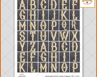 May include: A printable sheet of alphabet letters in a vintage gothic style. The letters are in a cream color on a dark gray background. The letters are 1.25 inches by 1.25 inches. The sheet is titled "Old English Gothic Letter Collage 1.25" x 12.5"
