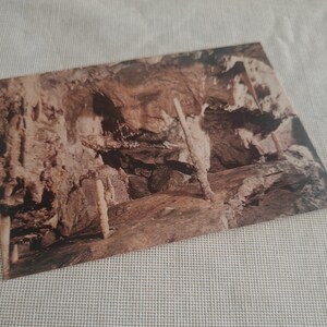 May include: A postcard depicting a sepia-toned photograph of a cave interior. The image shows stalactites and stalagmites, emphasising the natural rock formations. The cave's interior is lit, highlighting the textures and details of the stone.