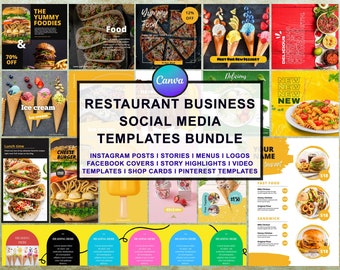Restaurant Business Social Media Templates Bundle Kit, Food Marketing Templates, Foodie Social Media Posts, Canva Templates Bundle Kit