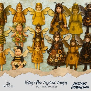 Vintage Bee-Inspired Children Clipart | 26 PNG & PDF Images | Junk Journal Ephemera | Instant Digital Download | Bee Costume Paper Dolls