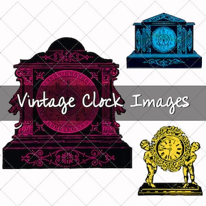 3 x Vintage Colourful Clock Image Graphics Illustration - Digital Graphics Pack - Instant Download