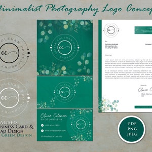 Paquete de diseño de logotipo de fotografía personalizado, logotipo de firma manuscrita, tarjeta de visita, diseño de membrete, diseños minimalistas de color verde esmeralda de naturaleza