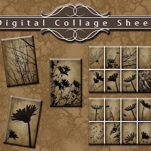 1 "x 1,5" rechteckige botanische Floral Design Digital Collage Sheet - Schwarze Blume und Baum-Zweig