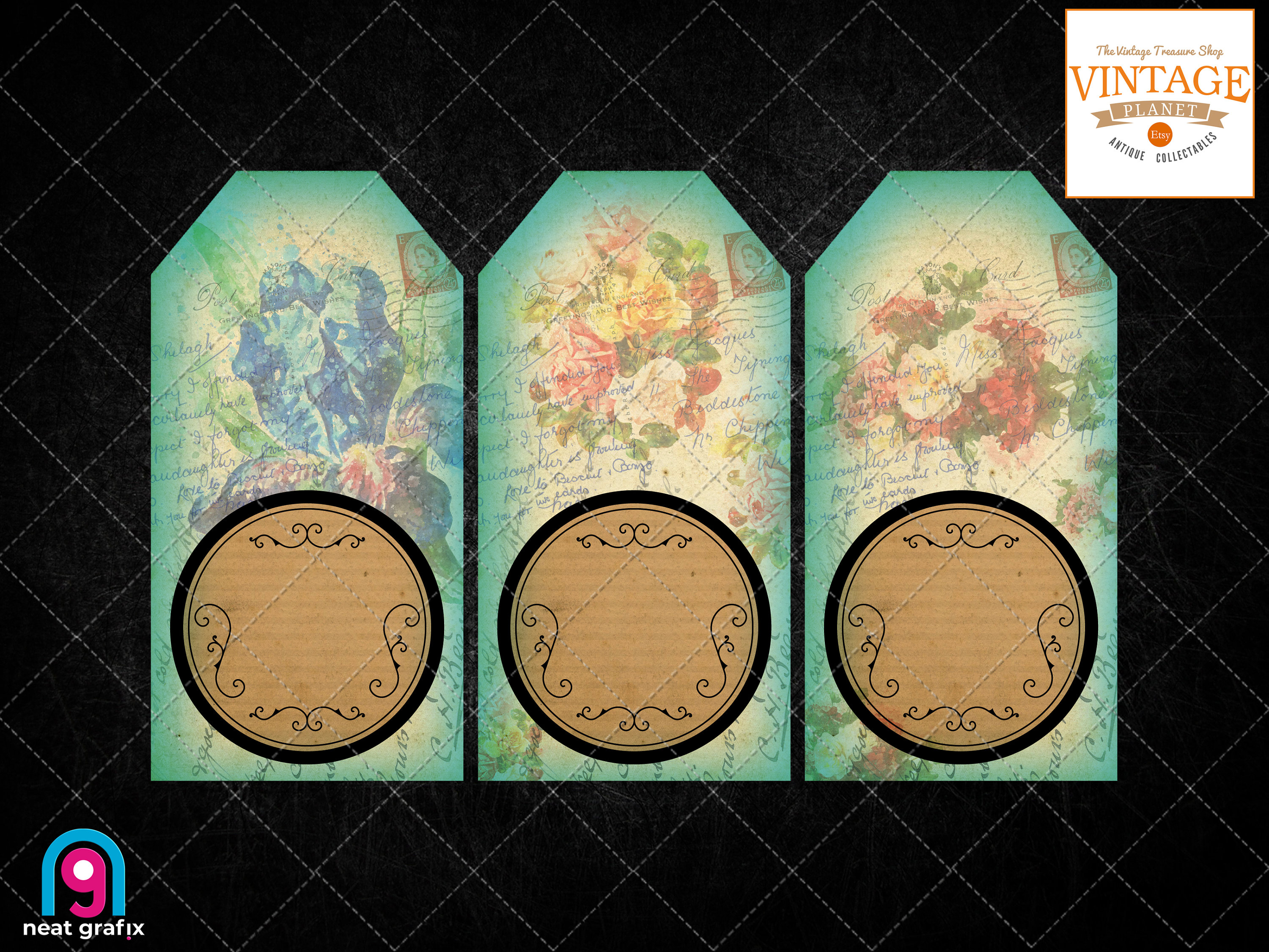 Flower Tags Collage Sheet, Vintage Floral on Textured Paper, Digital ...