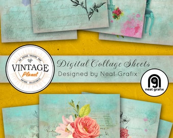Vintage Style Blumen Digitale Karten Collage Sheet - 8 Collage auf A4 Sheet Grußkarten druckbar Download Instant Download