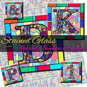 May include: A collection of stained glass alphabet letters, numbers, and symbols. The letters are in a variety of colours, including red, blue, green, yellow, and purple. The letters are arranged in a grid pattern. The letters are surrounded by a white border.