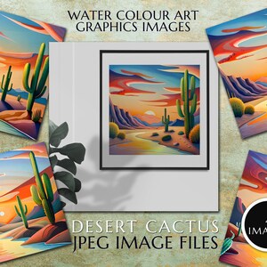 Watercolour art graphics images, A desert theme, featuring cacti, sand dunes & beautiful sunset Instant Digital Download, Quality jpeg Image