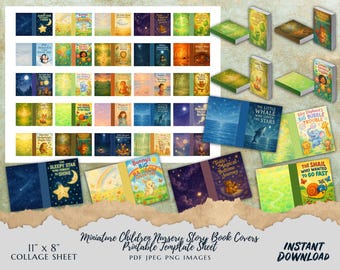 Miniature Children’s Book Covers Printable , Nursery Dollhouse Mini Books , 11x8 Collage Sheet , DIY Mini Storybooks